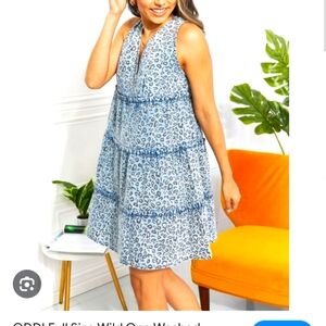 ODDY Blue and White Leopard Print Tiered Midi Dress